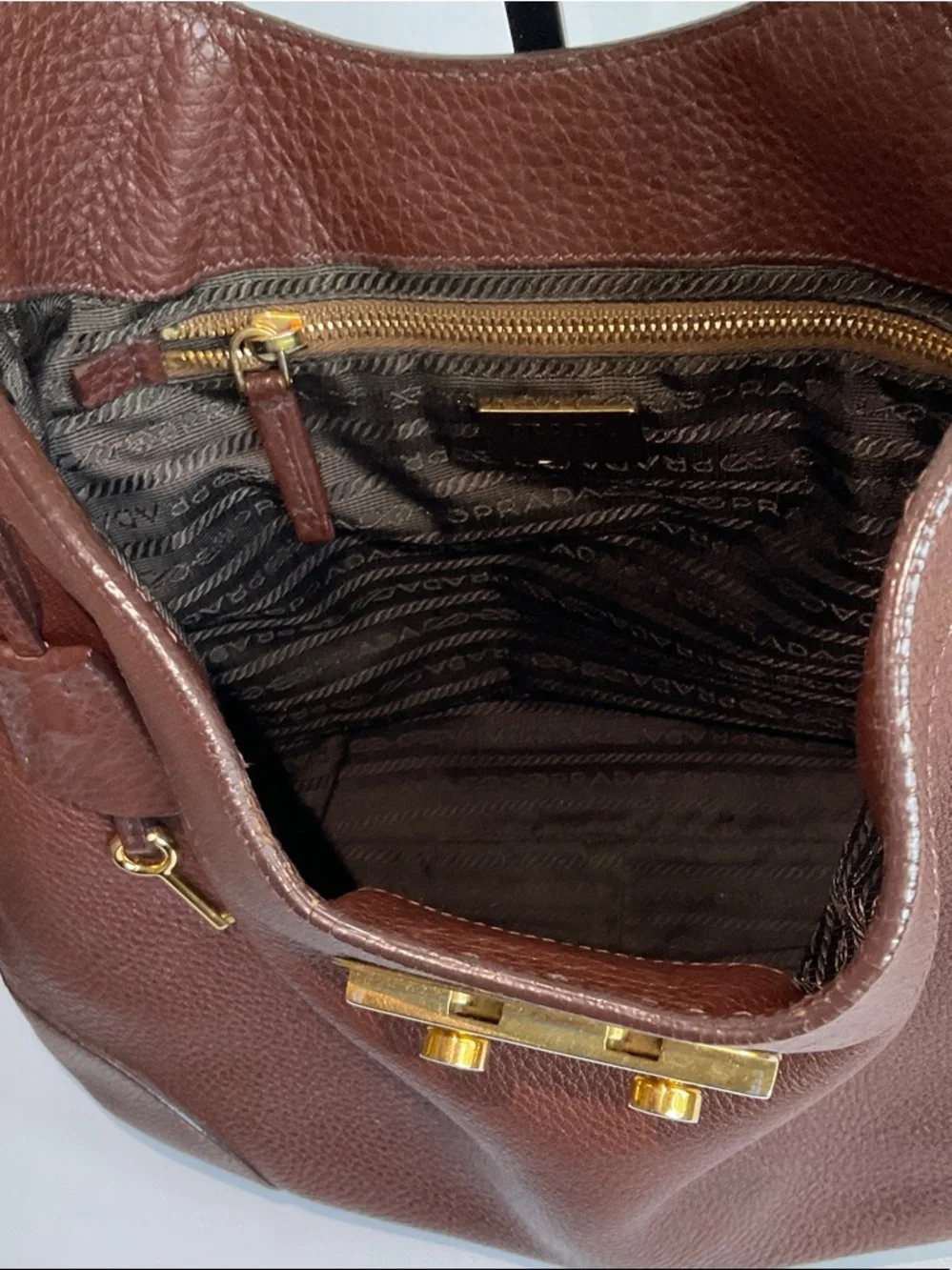 Prada Chocolate Brown Pebbled Leather Hobo with Gold Hardware - Picture 9 of 10